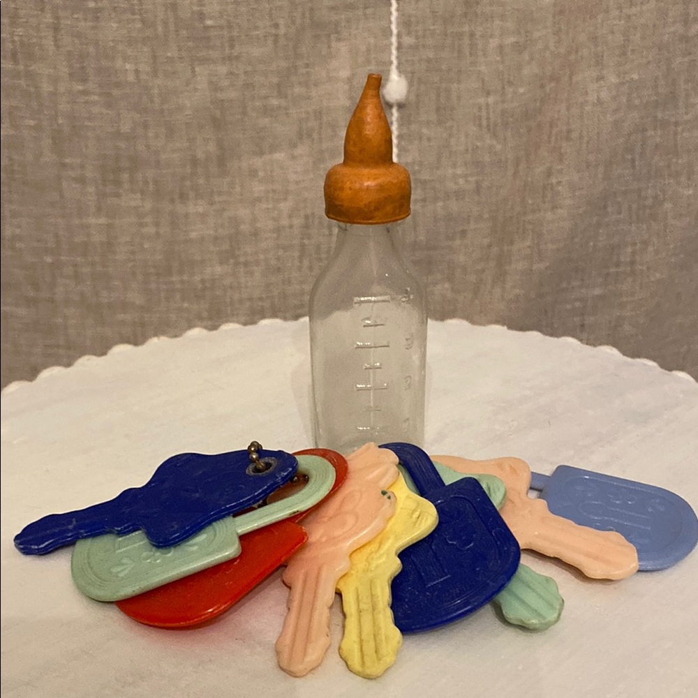 60’s BabyToy Key Set & Doll -E-Toy glass Baby doll bottle with rubber Nipple